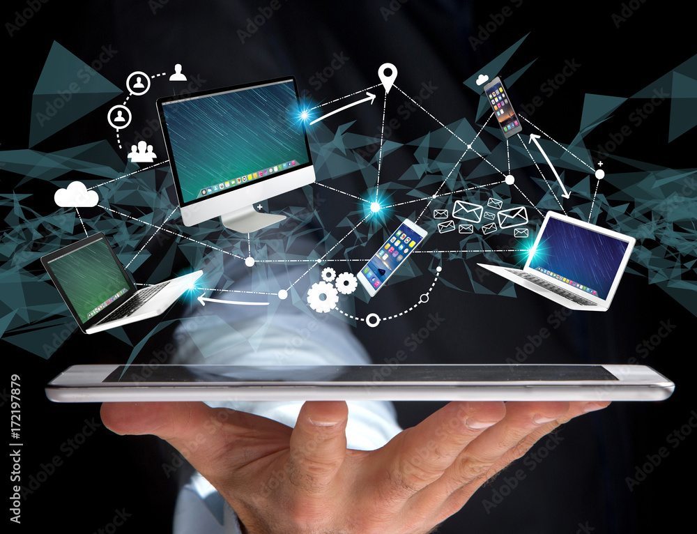 Poster computer and devices displayed on a futuristic interface with interantional network - multimedia and