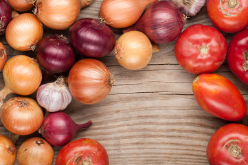 vegetables crop background onions garlic tomatoes top view