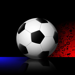 Fototapeta premium eps 10 vector 3d football ball isolated on colorful ornament background, mirror reflection. Russian flag colors. Editable sport poster for web, print. Russia World Soccer 2018 advertising sport banner