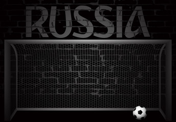 eps 10 vector football ball near soccer goal on brick wall background with football goal net. Russia graffiti writing. Editable sport poster for web, print. Russia 2018 tournament advertising poster