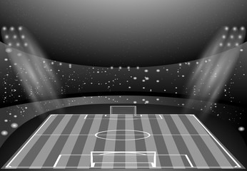 eps 10 vector black and white Russia football advertising poster for web, print. World soccer tournament 2018 competition banner. Soccer field, full stadium and spotlights. Sport event design concept