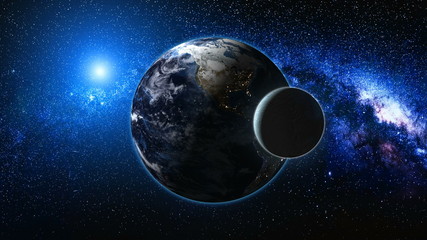 Sunrise view from space on Planet Earth and Moon. World rotating on its axis among stars. High detailed 4k 3D Render animation. Elements of this image furnished by NASA. Astronomy and science concept.