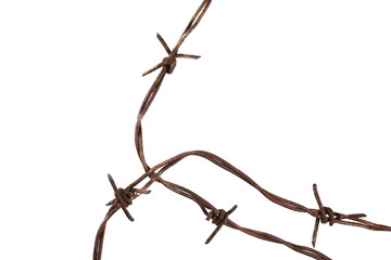 Fototapeta premium Old security barbed wire fence isolated on white background