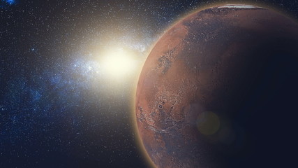 Obraz na płótnie Canvas Sunrise view on Mars in sun beams from space. Red Planet close up rotate, spinning on its axis in black Universe of stars. High detail 3D animation. Elements of this image furnished by NASA