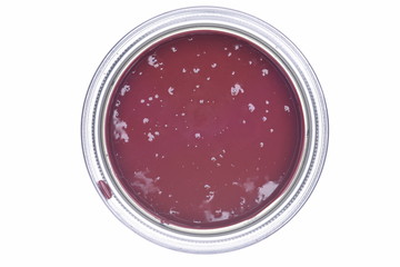 Decorative cherry red paint can isolated on white background, top view