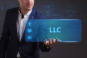 Business, Technology, Internet and network concept. Young businessman working on a virtual screen of the future and sees the inscription: LLC