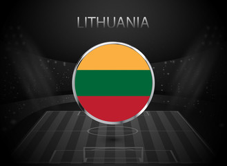 eps 10 vector Lithuania flag button isolated on black and white stadium background. Lithuanian national symbol in silver chrome ring. State logo sign for web, print. Original colors graphic concept