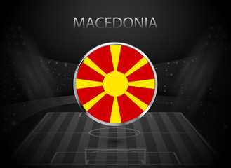 eps 10 vector Macedonia flag button isolated on black and white stadium background. Macedonian national symbol in silver chrome ring. State logo sign for web, print. Original colors graphic concept