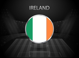 eps 10 vector Ireland flag button isolated on black and white stadium background. Irish national symbol in silver chrome ring. State logo sign for web, print. Original colors graphic design concept