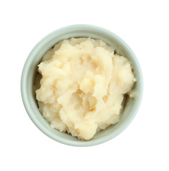Mashed potatoes in bowl, isolated on white