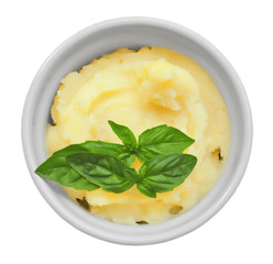 Mashed potatoes in bowl, isolated on white