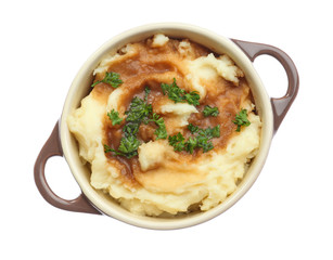 Mashed potatoes in pot, isolated on white