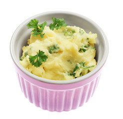 Mashed potatoes in bowl, isolated on white