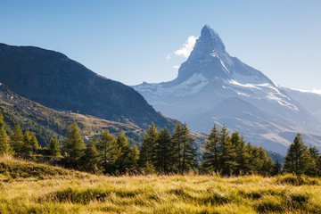 Great  panorama with famous peak Matterhorn. Location place Swiss alps, Grindjisee, Europe. Beauty world.