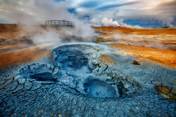 Ominous view geothermal area Hverir (Hverarond) near Lake Myvatn. Location place Krafla northeastern region of Iceland, Europe.