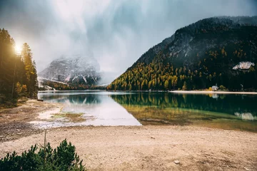 Deurstickers Great alpine lake Braies (Pragser Wildsee). Location place Dolomiti, national park Fanes-Sennes-Braies, South Tyrol, Italy. © Leonid Tit