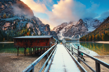 Great alpine lake Braies. Location place Dolomiti, national park Fanes-Sennes-Braies, Italy.