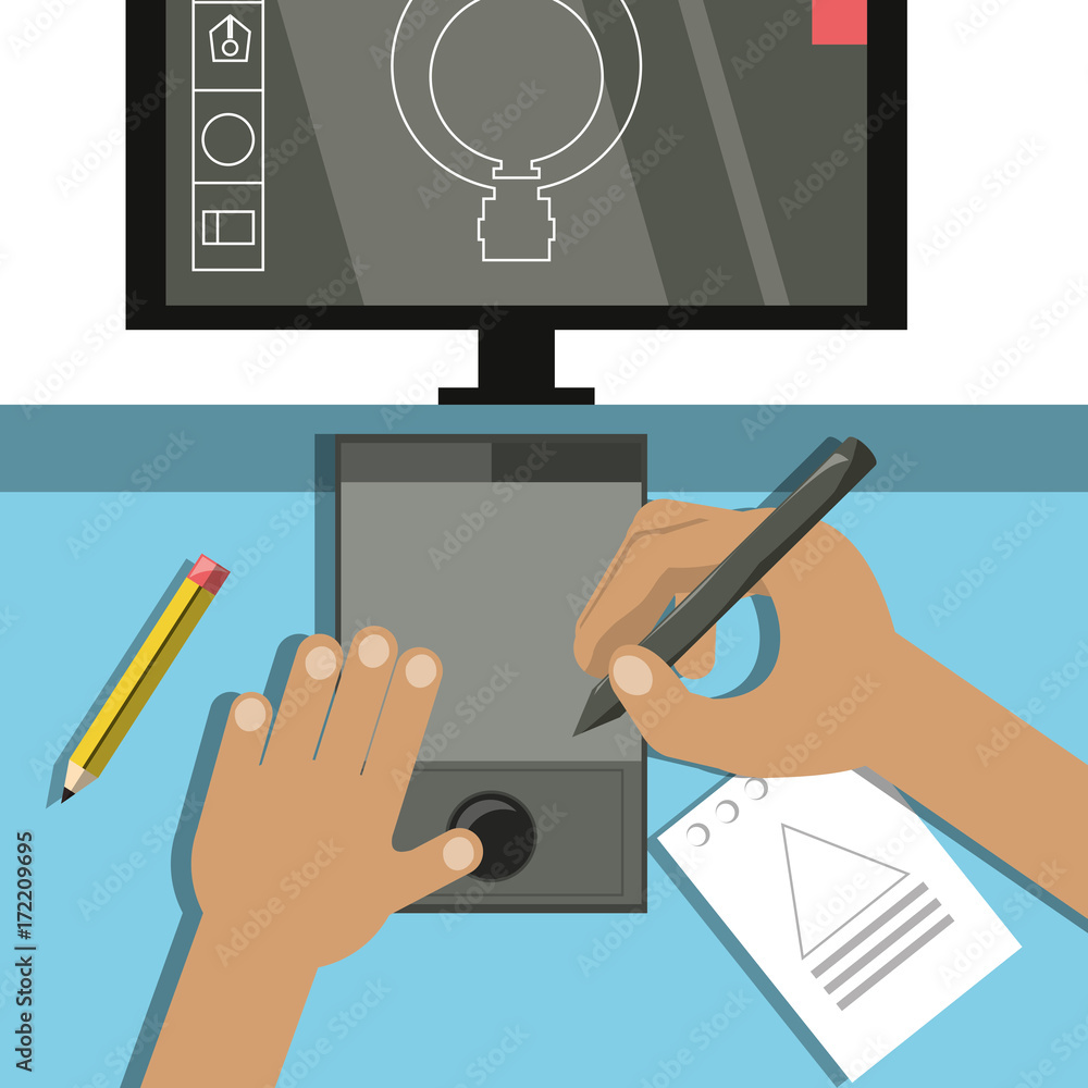 Poster hands working at graphic tablet and computer over white background colorful design vector illustrati