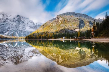 Tuinposter Great alpine lake Braies. Location place Dolomiti, national park Fanes-Sennes-Braies, Italy. © Leonid Tit