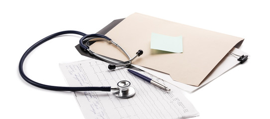 Close up of doctors medical stethoscope and patient medical information
