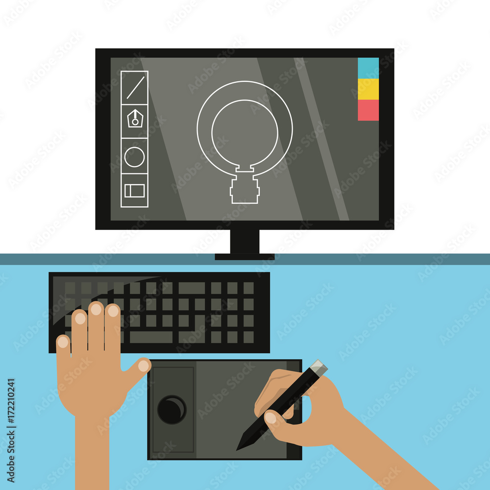 Poster hands working at graphic tablet and computer over white background colorful design vector illustrati