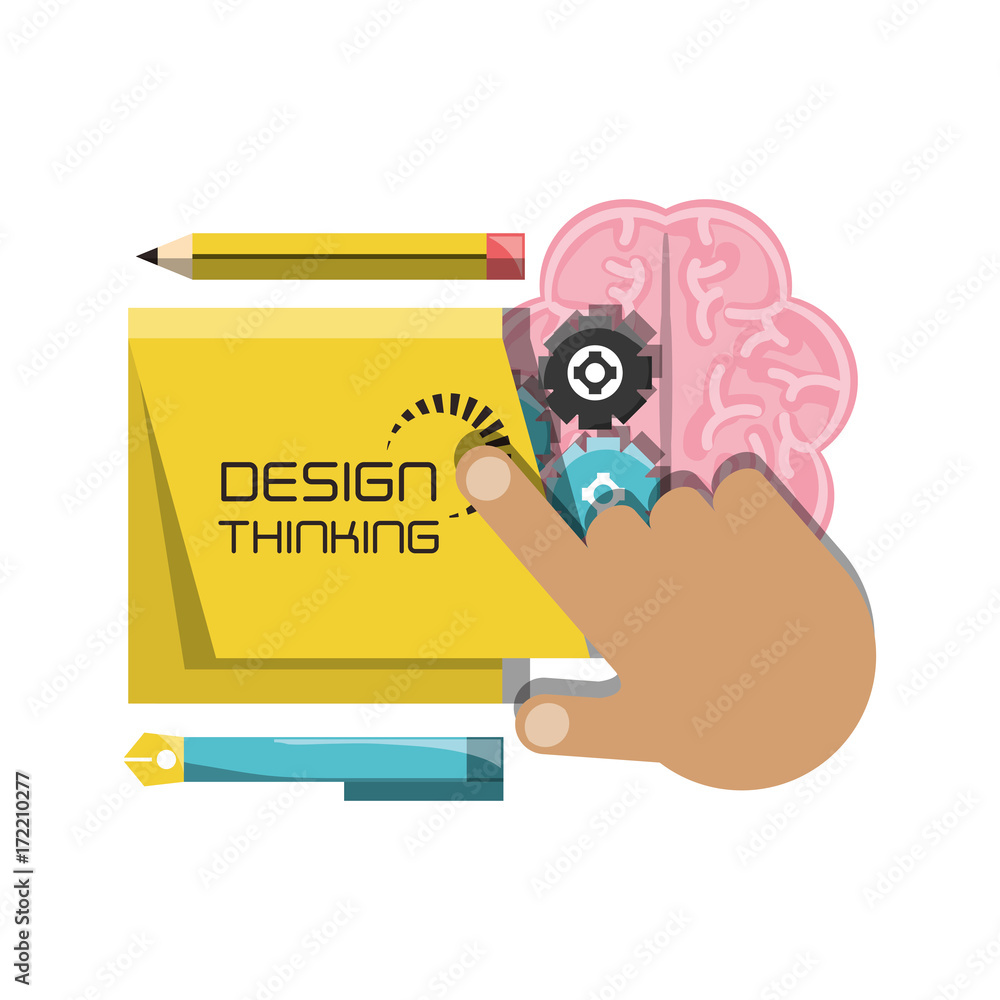 Poster hand and brain with design thinking related icons over white background colorful design vector illus