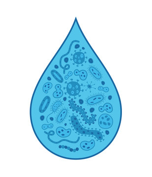 Blue germs in a drop of dirty water - dark blue background - vector illustration

