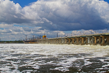 Reset of water at hydroelectric power station on the river Volga in Volgograd