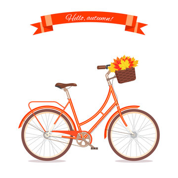 Orange retro bicycle with autumn leaves in floral basket and box on trunk. Color bike isolated on white background. Flat vector illustration.