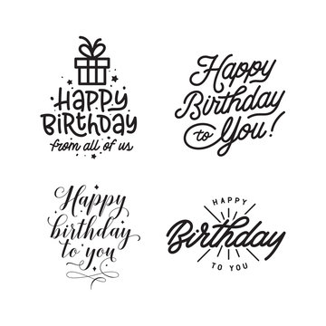 Happy birthday hand lettering compositions set. Vector vintage illustration.
