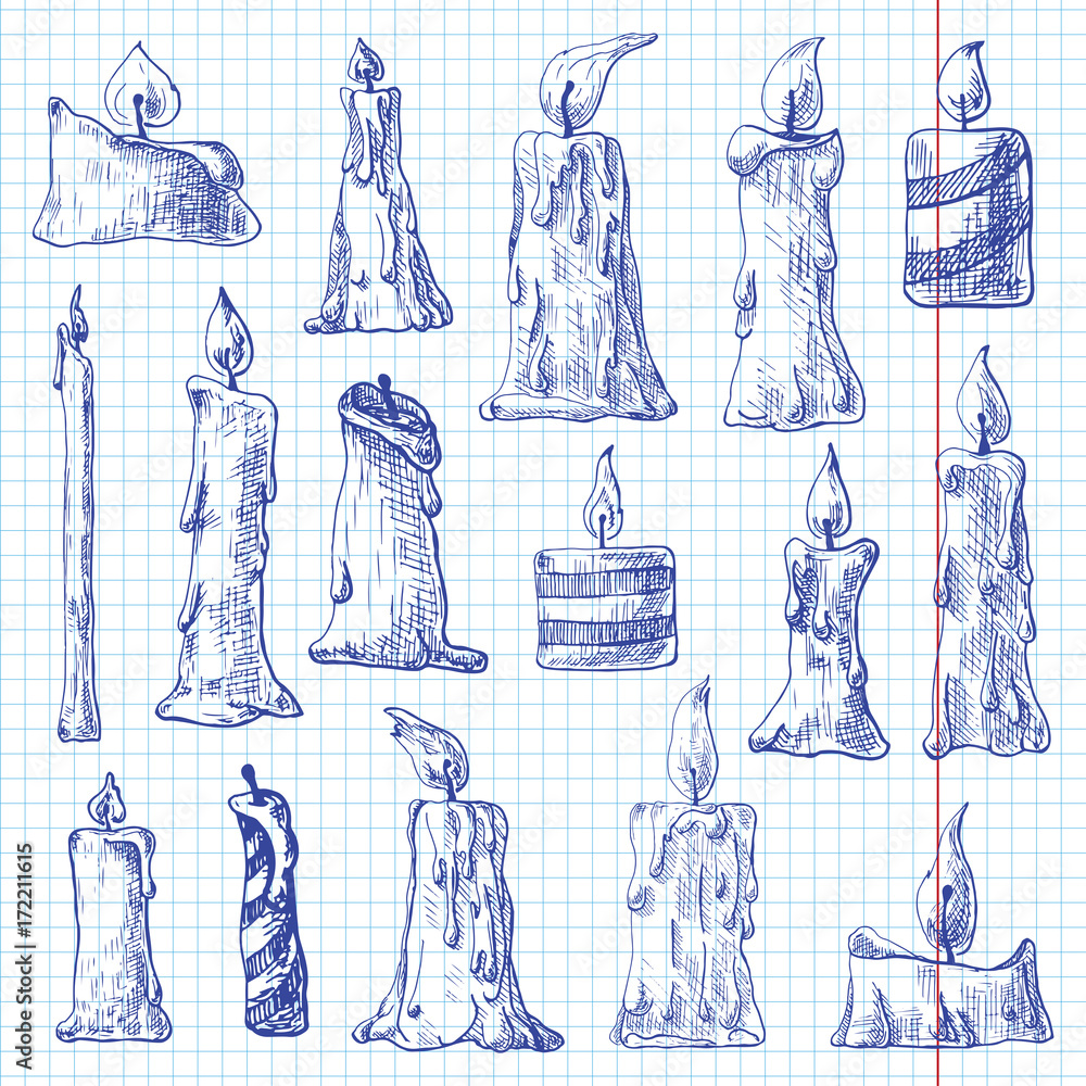 Poster hand drawn set of different candles on the notebook sheet. vector illustration of a sketch style.
