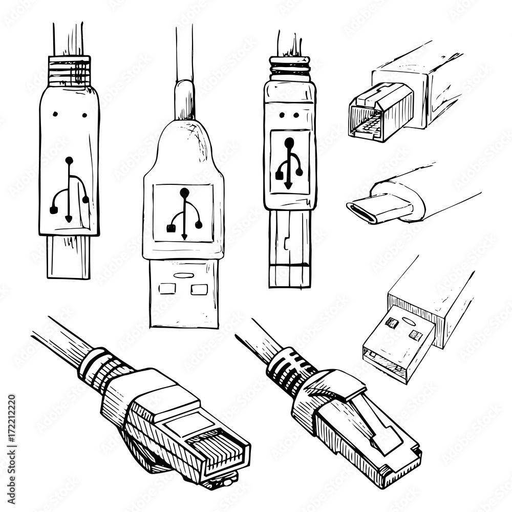 Poster set of data connector plug: different usb types, and rj45 8p8c . collection of vector illustration i