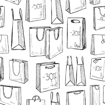 Seamless pattern with shopping bags in a sketch style. Vector illustration.