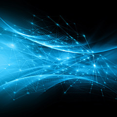 Abstract background with connected lines and dots for your design. Smooth lines, beautifully intertwined, shining dots and flashes on a dark background