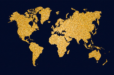 World map gold glitter art concept illustration
