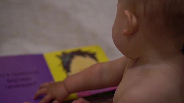 Baby turns over pages of illustrated book with bright colorful pictures
