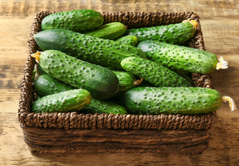 Many green fresh cucumbers in wicker basket on wooden table