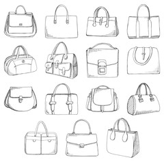 Set of different bags, men, women and unisex. Bags isolated on white background. Vector illustration in sketch style. - 172214850
