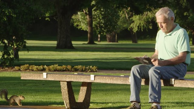Elderly man in the park with tablet and squirrel