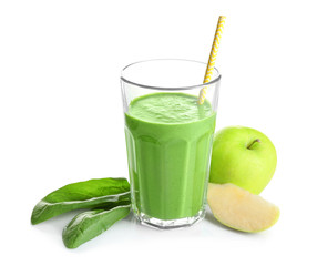 Glass of spinach smoothie isolated on white