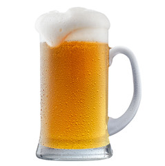 Mug of frosty light beer with foam isolated on a white background