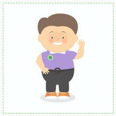 The boy waves his hand and smiles. Cartoon, isolated