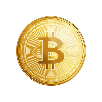 Golden bitcoin coin. Crypto currency golden coin bitcoin symbol isolated on white background. Realistic vector illustration.