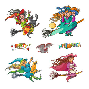 Bright vector set girls witches on broom with cats. Illustration cheerful, humorous young magician and pet to all saints day. Children party Halloween. Charmers in pointed hats flying and build faces