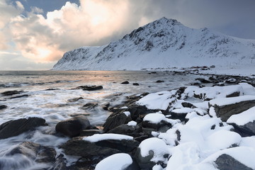 N-wards view from Vareid beach over Vareidsundet. Mounts Hustinden-Rorliheia-Knubban. Flakstadoya-Lofoten-Norway.0435