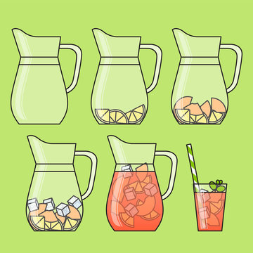 Peach lemonade with fruit slices, ice and meant in jug and glass with straw. Step-by-step instruction. Isolated on color background. Modern flat style. Line art.