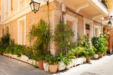Fototapeta na wymiar Plants in the pots on the narrow streets of the old town of Rethymno. Crete, Greece