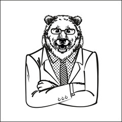 The bear, dressed in an office suit. Drawn sketch furry illustration art, business, animals