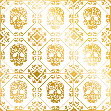 Seamless gold ornament of skulls with flower pattern..