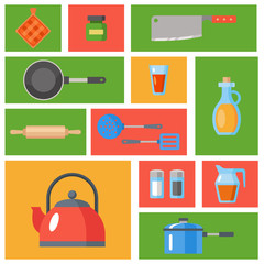 Kitchen utensils set. Kitchenware, cookware, kitchen tools collection. Modern flat icons set, graphic elements, objects for website, web banner, infographics. Flat design concept. Pattern
